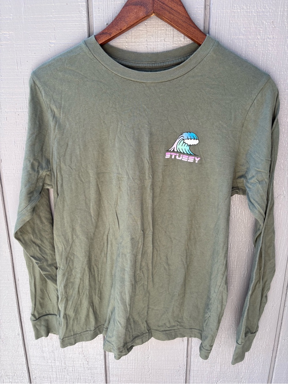 Stussy Olive Green Long Sleeve Tee with Multicolor Wave Logo